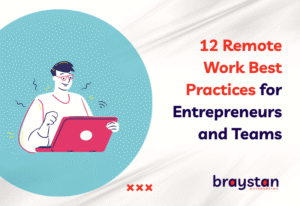 Banner for blog 12 Remote Work Best Practices for Entrepreneurs and Teams by Braystan Outsourcing with branding and stick figure design
