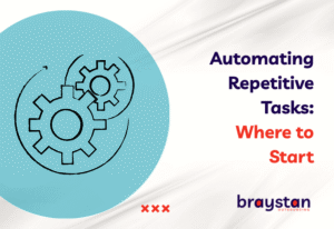 Banner for blog Automating Repetitive Tasks: Where to Start by Braystan Outsourcing with branding and stick figure design